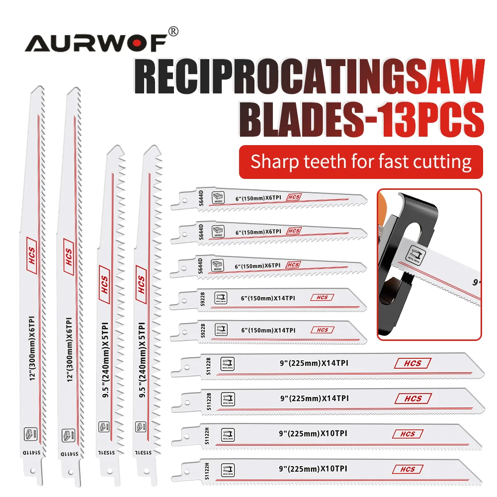 

AURWOF 13Pcs Reciprocating Saw Blades Cutters Tool For Wood Cutting Woodworking Tool Saw Blades Coarse toothed fine toothed