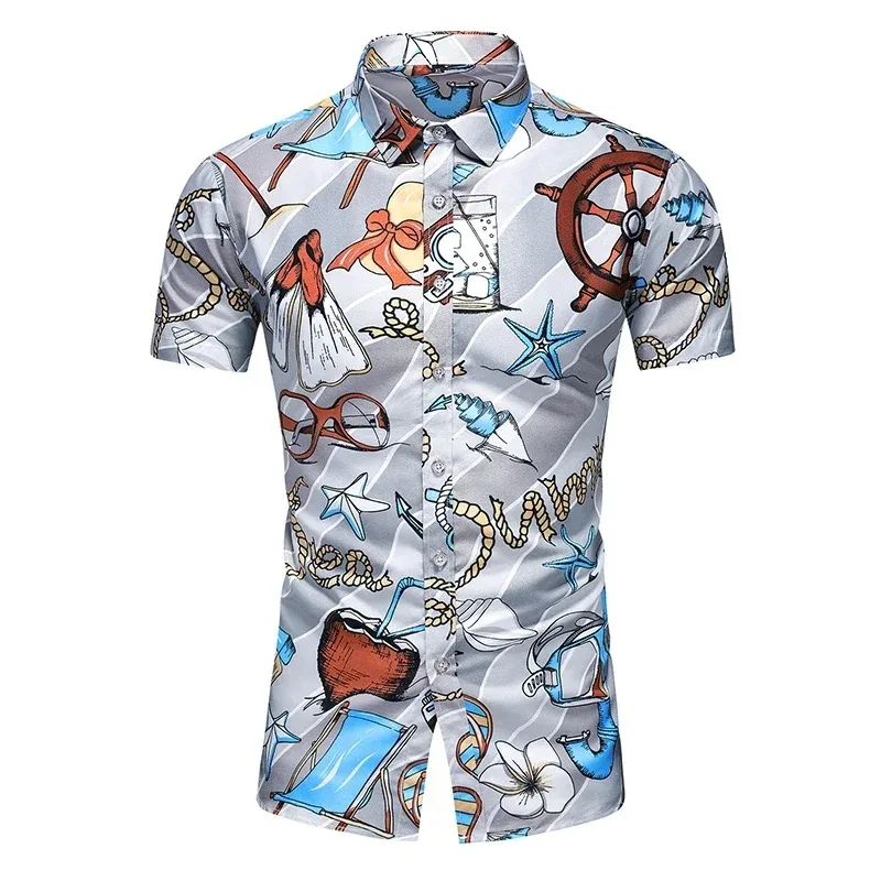 

Men's Seaside Style Printed Shirt, Summer Short Sleeved Men's Beach Casual Shirt, Oversized Printed Short Sleeved Shirt