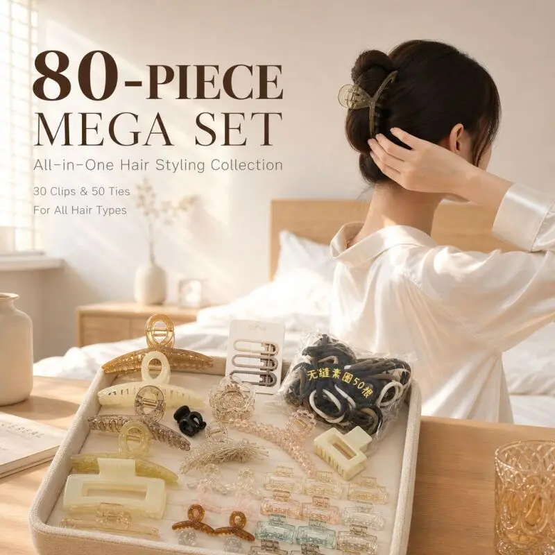 80pcs Hair Clip Combination Women's Hair Accessory Set Shark Clip Plain Hair Tie Ponytail Wispy Bangs Clip forTravel and