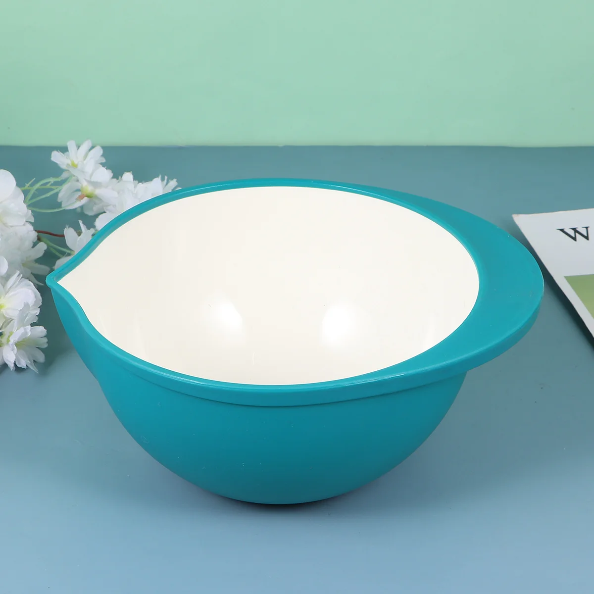 

Plastic Salad Bowl Plastic Mixing Bowls White Blue Wide Brim Handle for Home Kitchen Vegetable Snack Plate