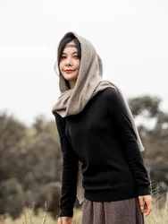 Luxury Women Cashmere Hooded Scarf Twisted Flower Hat Autumn Winter 100% Cashmere Knitwear Chic Solid Shawls Soft Warm Hats Tops