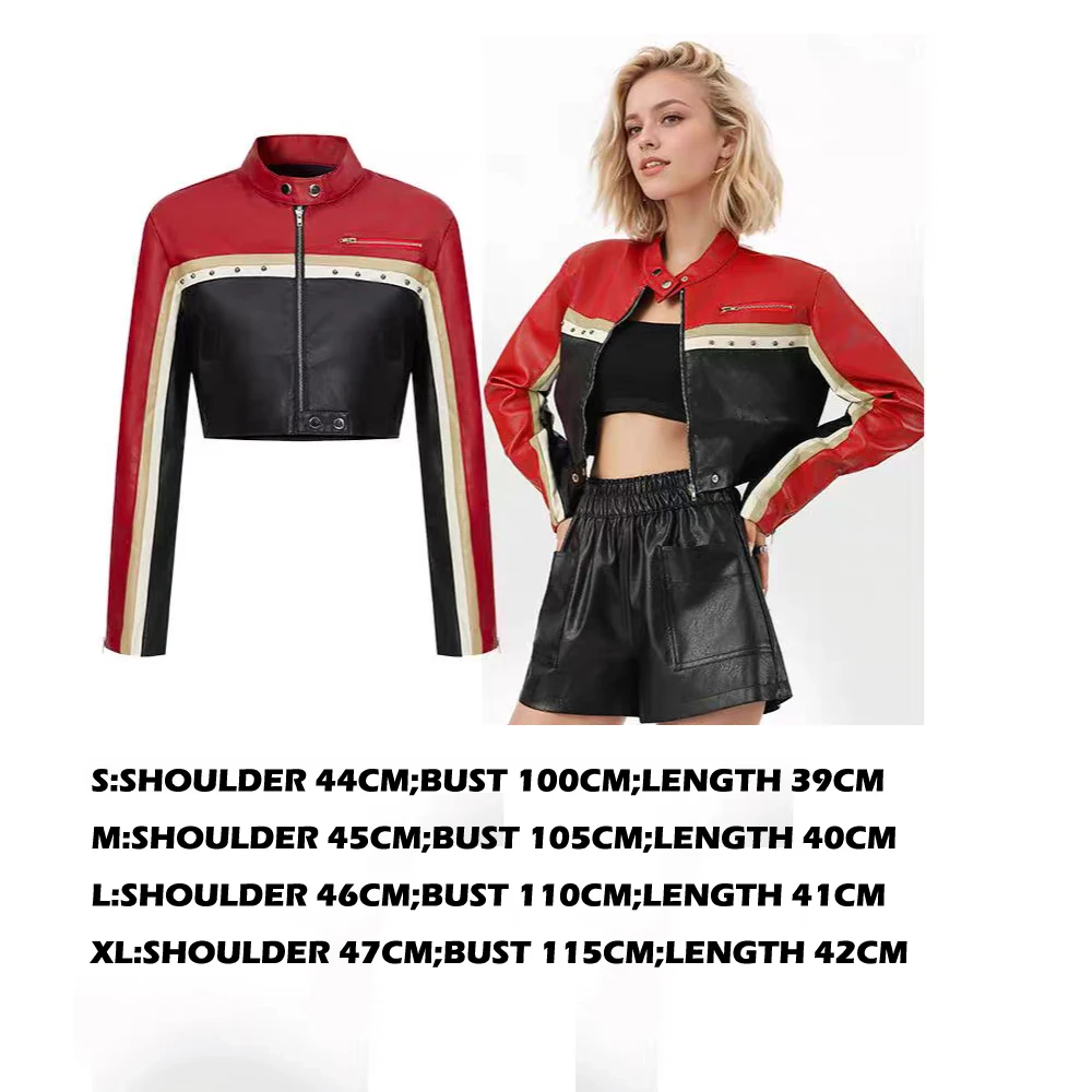 Sexy Moto Cropped Faux Leather Jackets for Women 2026 Autumn Fashion Striped Contrast Long Sleeve Asymmetric Short Coats Female