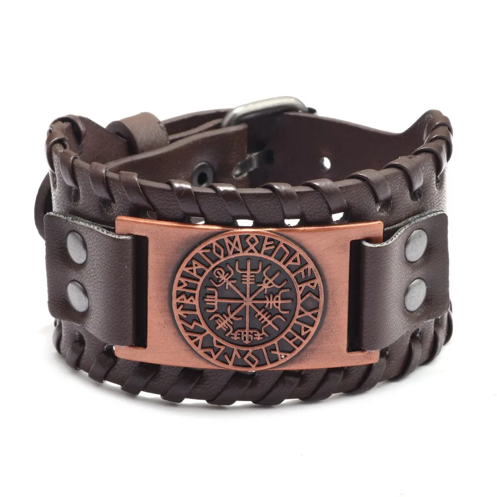 

Toten Design Nordic Viking Odin Compass Bracelet for Man Handwork Woven Wide Leather Wristband Adjustable Bangles Punk Jewelry