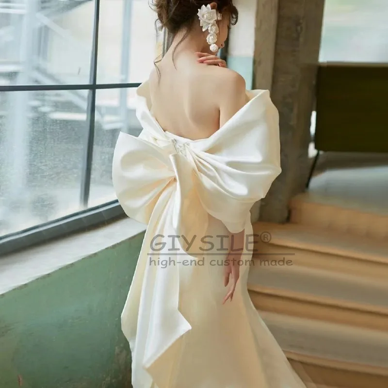 GIYSILE Aangepaste Wit Licht Trouwjurk Temperament Satijn Schouder Boog Taille Fishtail Mouwloze Formele Vrouwen Elegant
