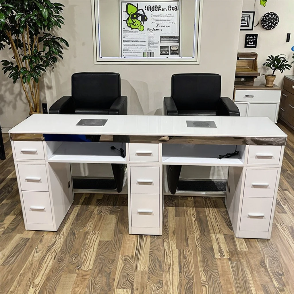 

Professional Double-Seat MDF Nail Table with Marble Countertop & Integrated Vacuum Cleaner - Customizable Size for Salon