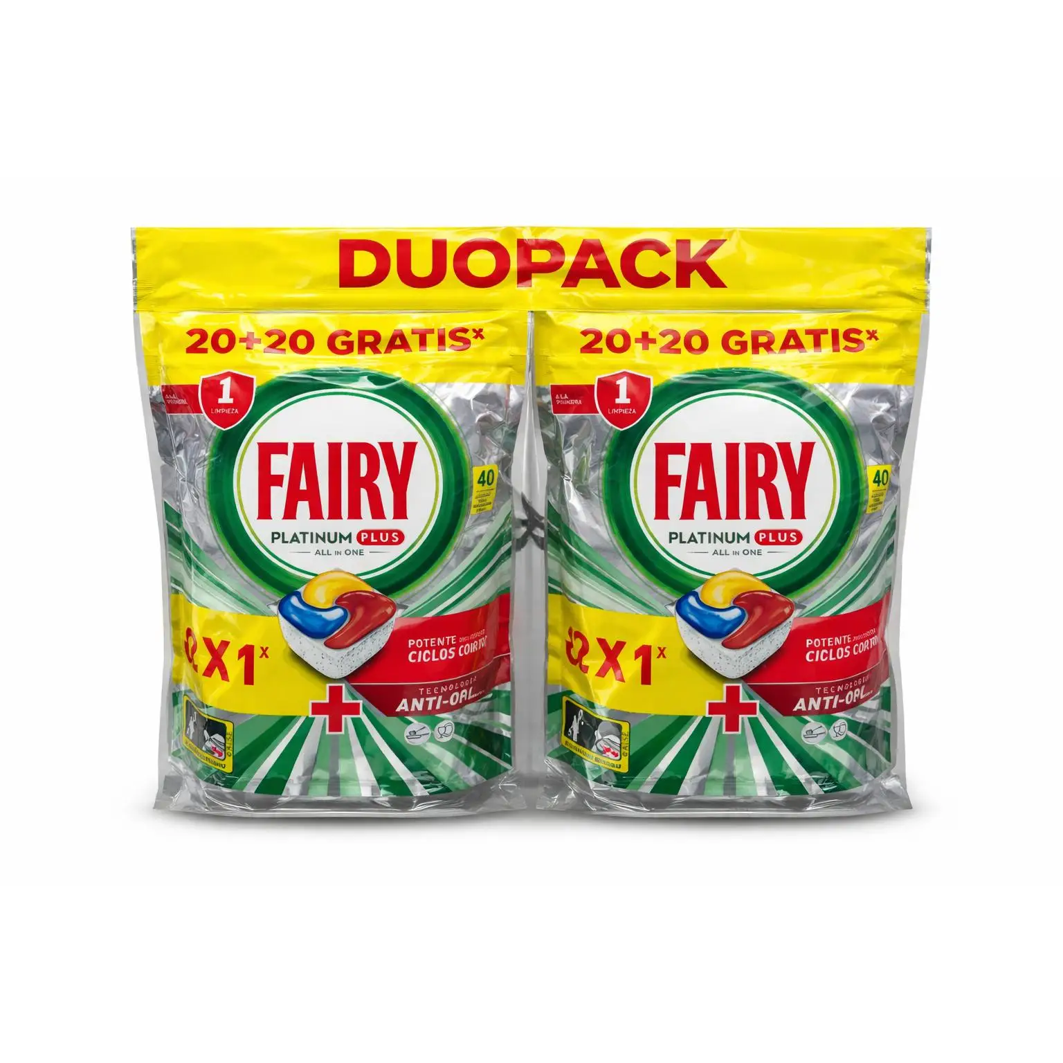 Fairy Lavavajillas Platinum Plus All in One Formato Especial 2X20+20 Gratis PACK DE 2 BOLSAS 80 UNIDADES - Tecnología Anti-Opaco