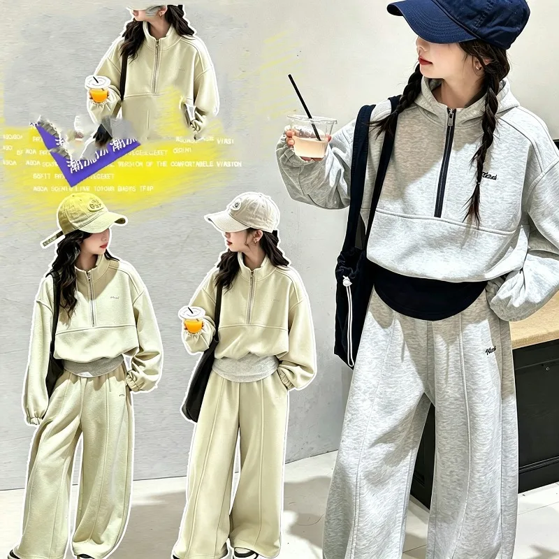 UNITIM Teenager-Mädchen-Zweiteiler-Set, Herbst, Kinder-Mädchen-Stehkragen-Sweatshirt, Trainingsanzug, lockere Sporthose für Kinder, Mädchen – Detail 2