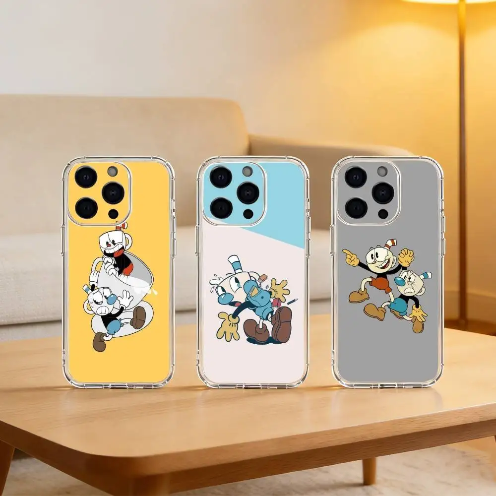 

Cute CupHead And MugMan Phone Case For iPhone 17 16 15 14 13 12 11 Mini Pro Max Plus Transparent Cover