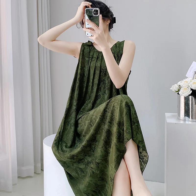 Cotton Rayon Nightgown Women's Summer Nightdress Thin New Chinese Style Floral Sleepwear Home Wear Sleeveless Sexy Long Dress