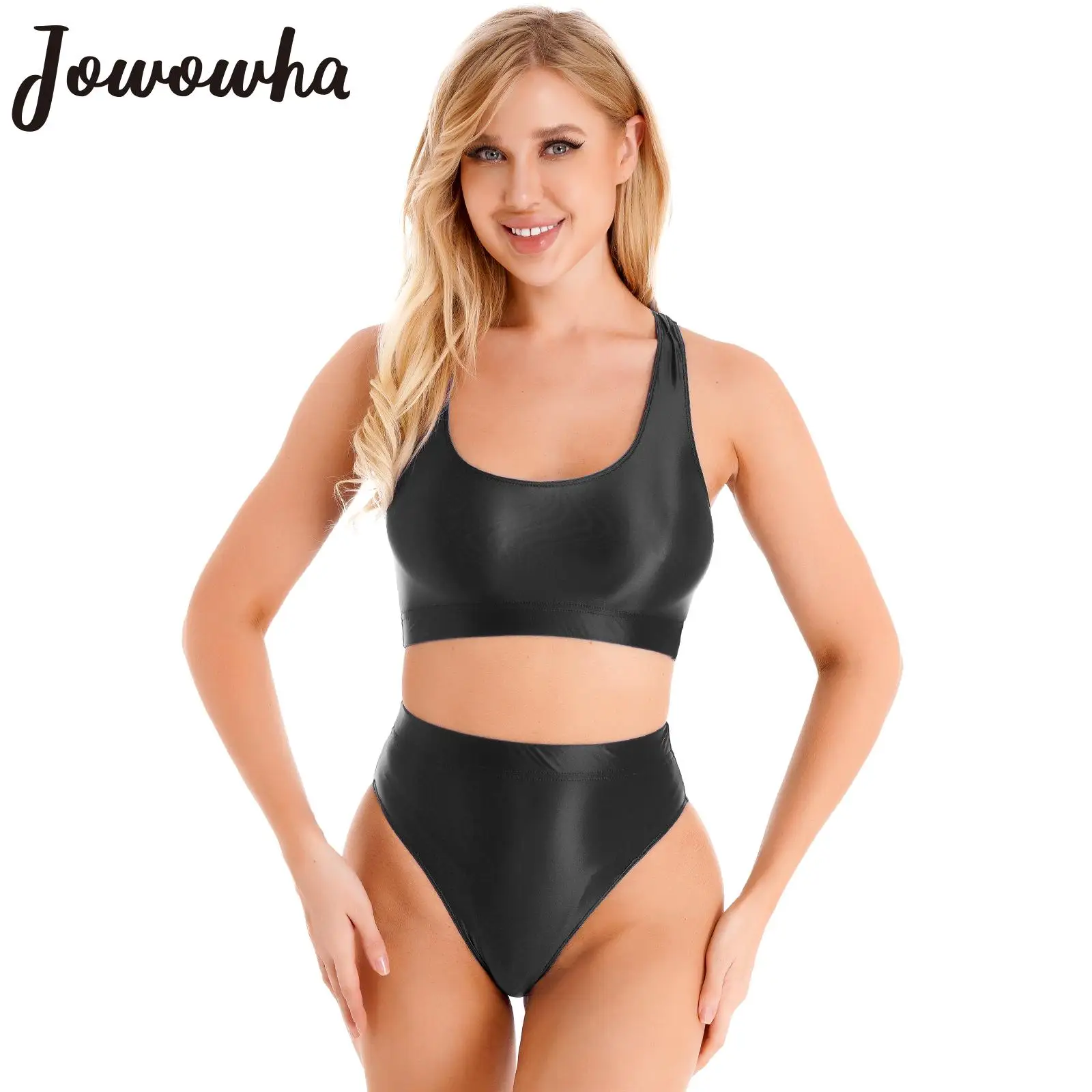 

Женский купальник из двух частей, глянцевые майки с U-образным вырезом без рукавов, укороченный топ с высокой талией, трусы, купальник, нижнее белье, пляжная одежда, ночное белье