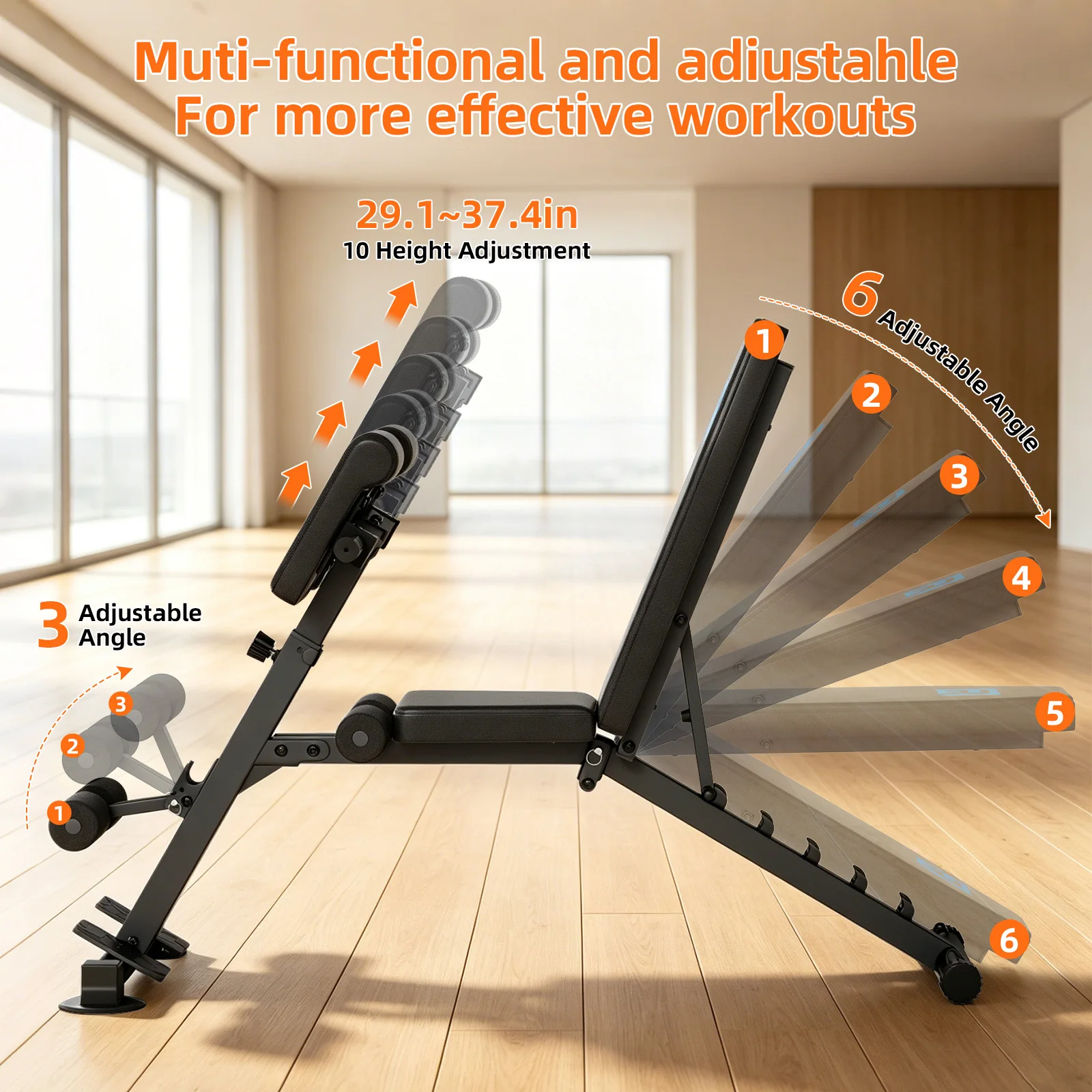 Adjustable Multi-Purpose Home Gym Weight Bench | 10 Gear Seat Adjustment & 6-Grade Backrest Incline | 5mm Heavy Steel Triangular Frame 660L lbs Load Limit | 2 Resistance Bands + Suction Anti-Slip Feet | Full Body Training Dumbbell Workout Bench
