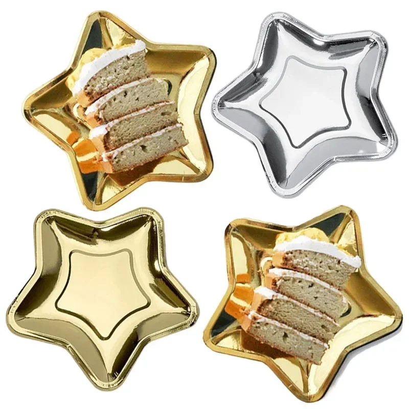 10pcs Golden Silver Five-pointed Star Paper Plate Disposable Plates For Fruit Cake Dessert Birthday Wedding Party Banquet Decor