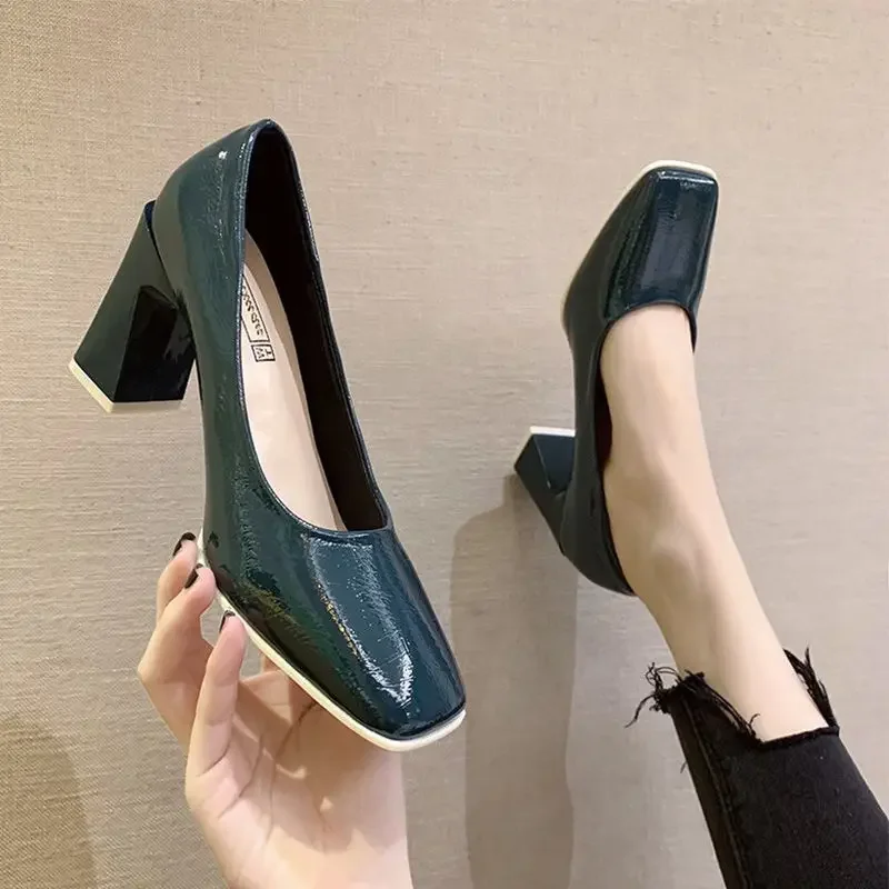 On Heeled Women's Shoes Ladies Footwear Square Toe High Heels Chunky Blue Normal Leather Casual Free Shipping and Low Price Y2k