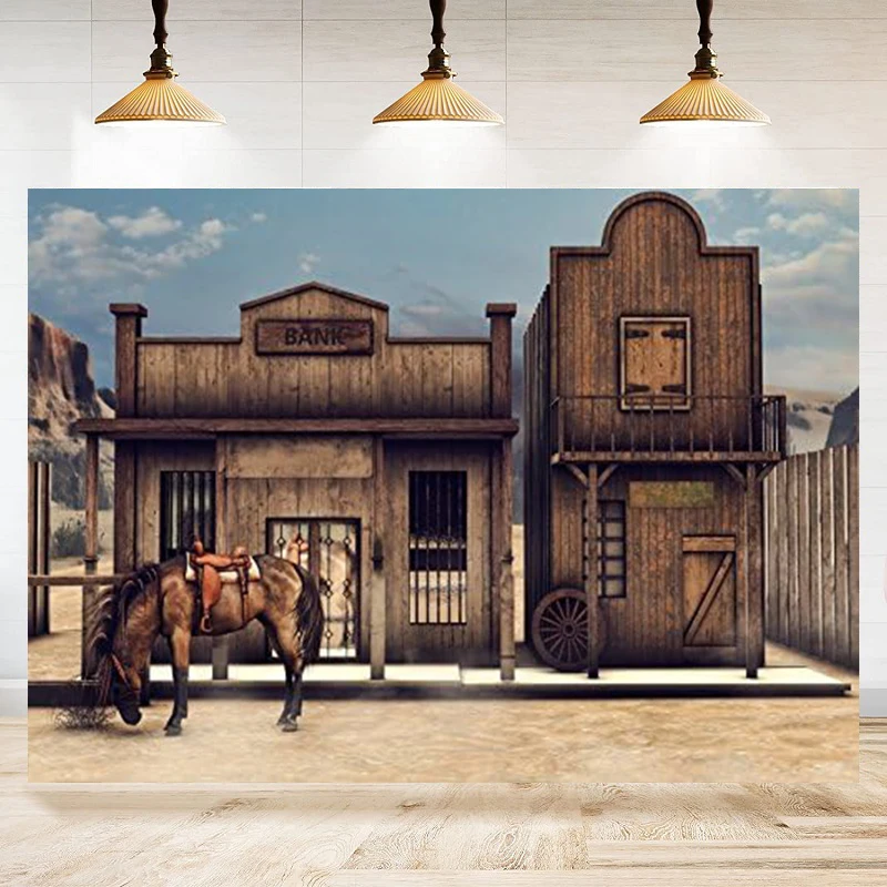 

Photography Backdrop West Cowboy Vintage Western Wooden House Bank Retro Horse Barn Cabin Background Picture Banner