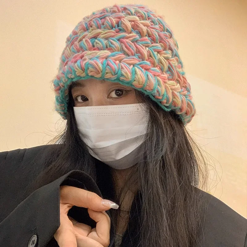 Herbst und Winter Wollmütze Großer Kopfumfang Farbe Dicker Faden Strickmütze Warme Beckenmütze Gehörschutz Kalte Hüte