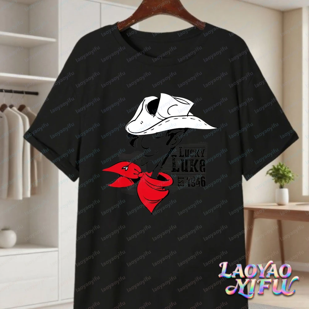 Lucky Luke Cartoon Character Western Style Unisex Cotton T-Shirt Summer Casual Wear For Women Trendy Graphic Tee Men's Clothing