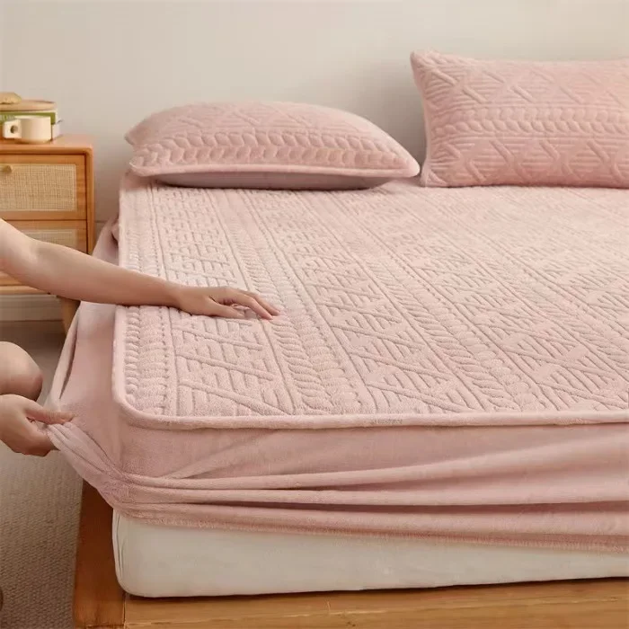 Milk fleece padded mattress single piece thickened thermal flange coral fleece mattress protective cover solid color bedspread