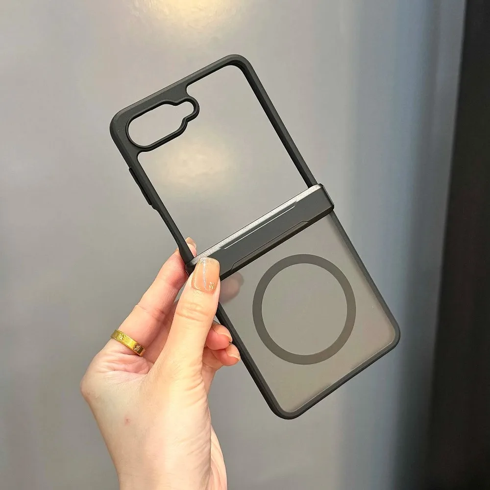 Matte Magnetic Phone Case for Samsung Galaxy Z Flip 7 Black Soft Silicone Border Folding Hinge Wireless Charging Protect Cover