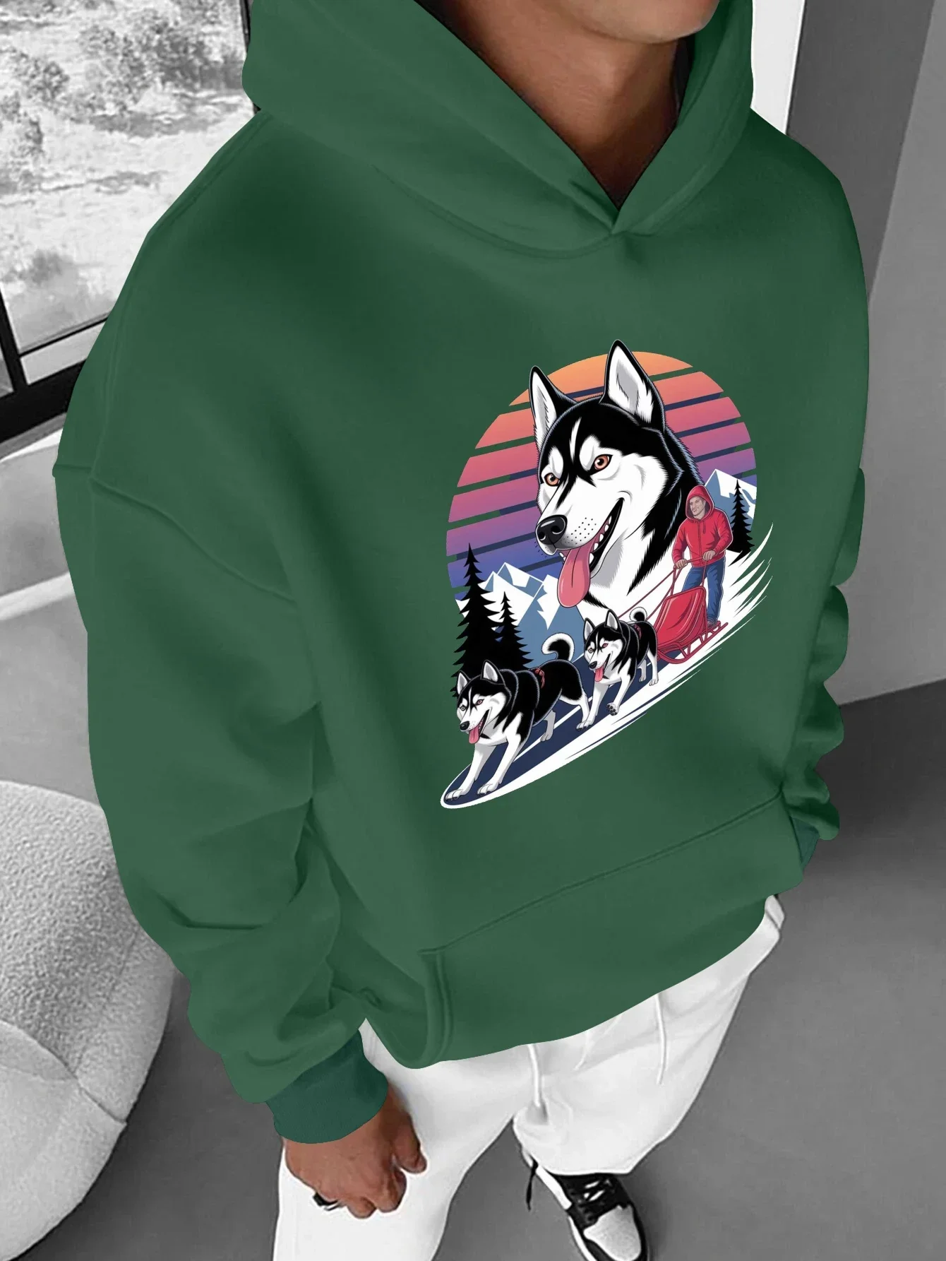 Unisex Hoodie Husky Sled Dog Retro Sunset Mountain Graphic Sweatshirt Winter Snow Forest Front Print Hoodie