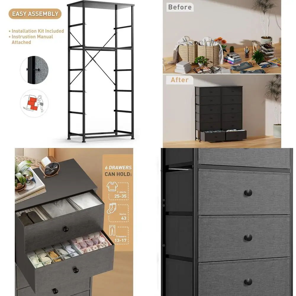 

Высокая вертикальная башня для хранения с 6 ящиками и деревянной столешницей, стальной каркас, идеально подходит для спальни, шкафа или прихожей черного цвета.