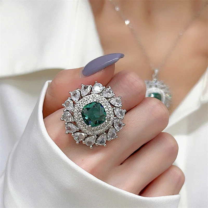 Temperament Retro Green Zirconia Adjustable Ring/Necklace/Earrings Jewelry Sets for Women\'s Birthday Party Luxury Accessories