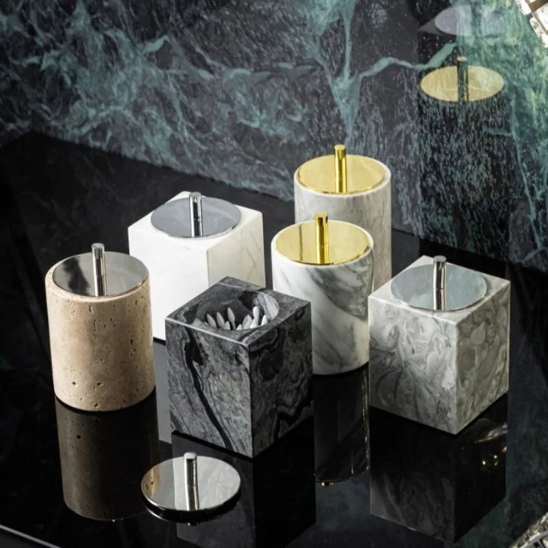 

European Natural Marble Toothpick Box Cotton Swab Holder Hotel Restaurant Toothpick Jar Dressing Table Cotton Swab Storage Jar