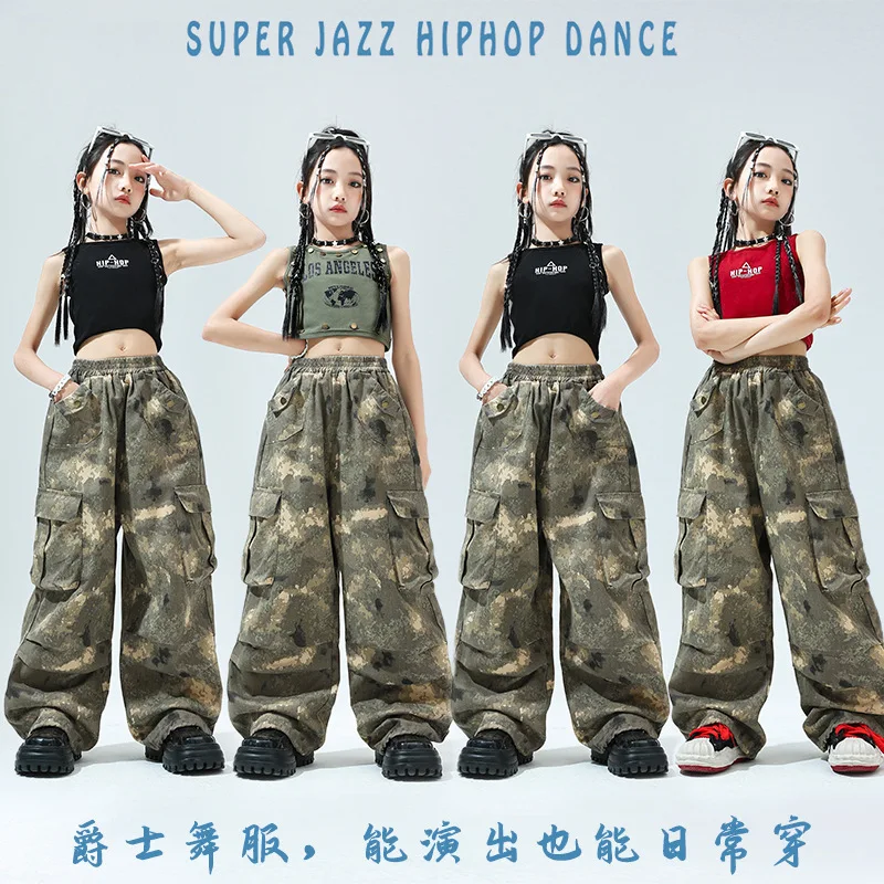 [4-15 Years Old]Girls Hip Hop Jazz Dance Suit High Waist Crop Top Korean Camouflage Pants Girl