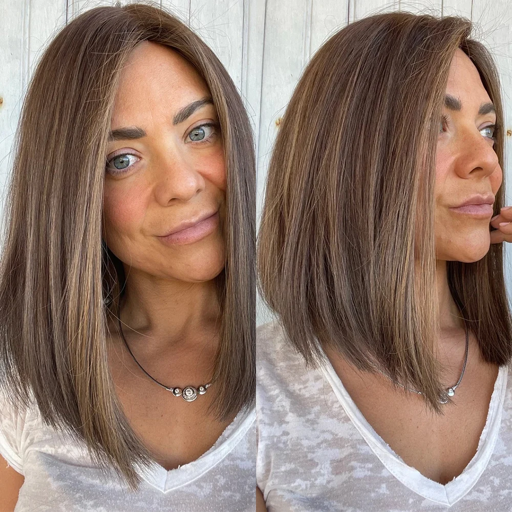 

Короткий парик-каре смешанного коричневого цвета с мелированием, синтетический, 12 дюймов, омбре, с прямым кружевным фронтом, с темными корнями, без клея, для женщин