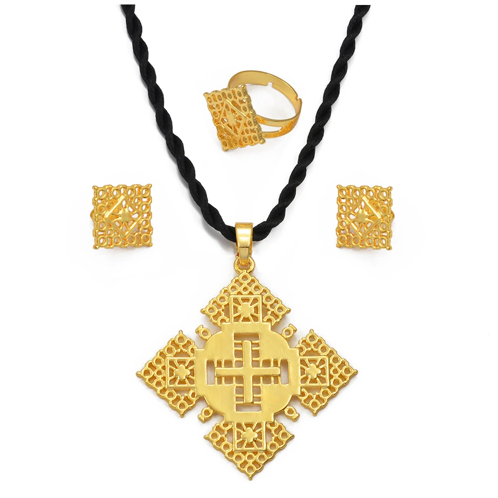 Anniyo Ethiopian Cross Necklace Earrings Ring Sets African Eritrean Traditional Religious Ornaments @341506