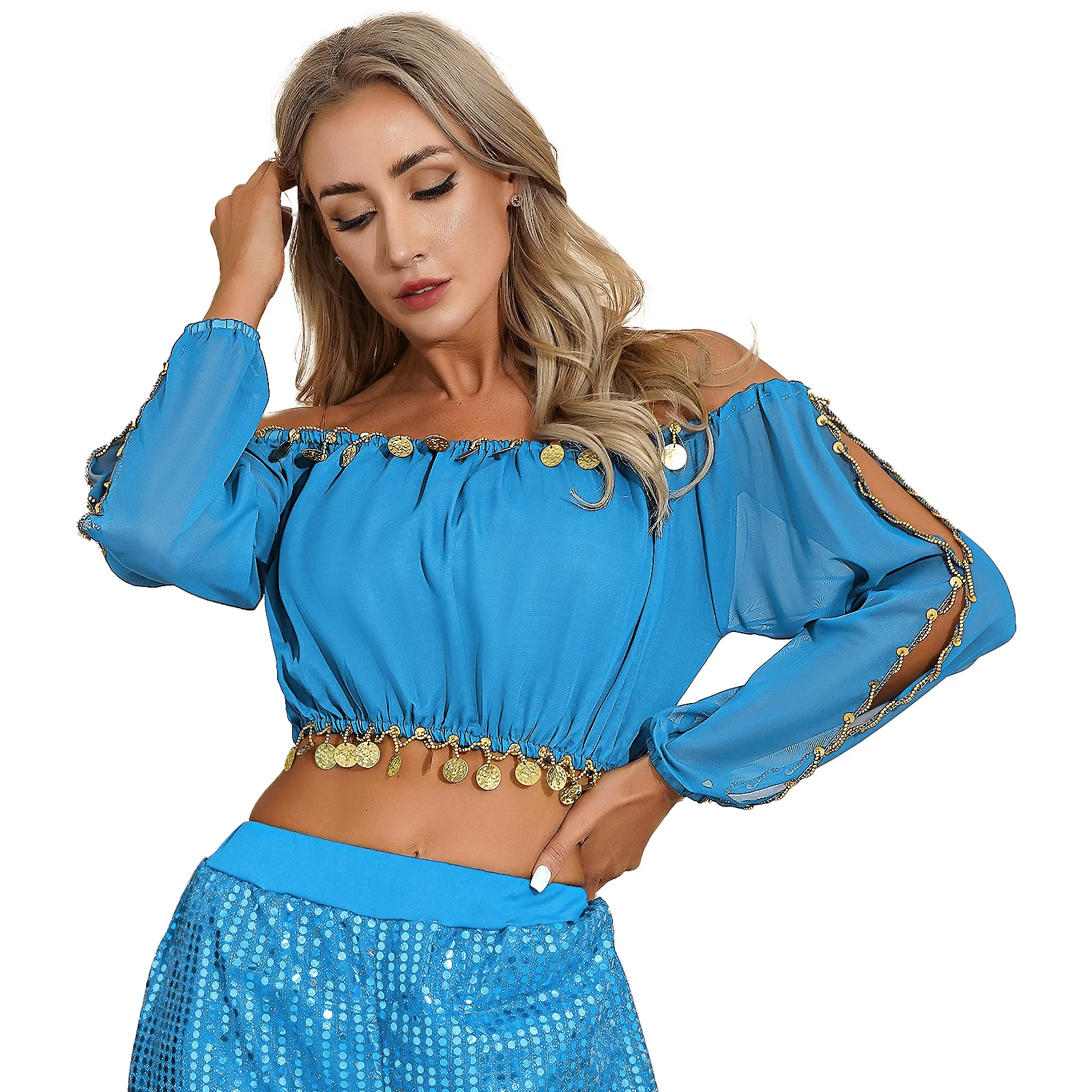 Womens Belly Dance Set Long Split Puff Sleeve Sequined Beaded Crop Top with Semi See-through Loose Pants Performances Costumes