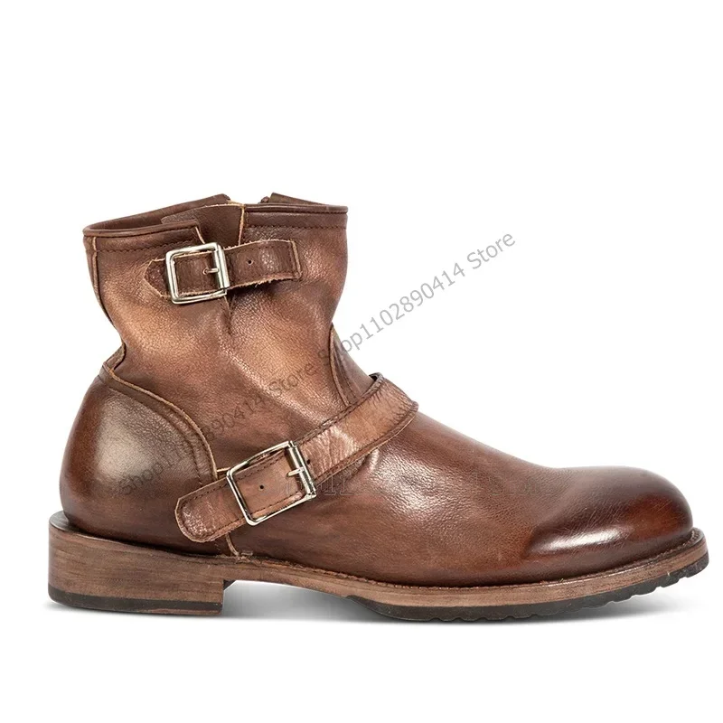 

Brown Fastener Belt Decor Round Toe Boots Fashion Slip On Men Boots Luxury Handcraft Party Feast Banquet Office Men Dress Shoes