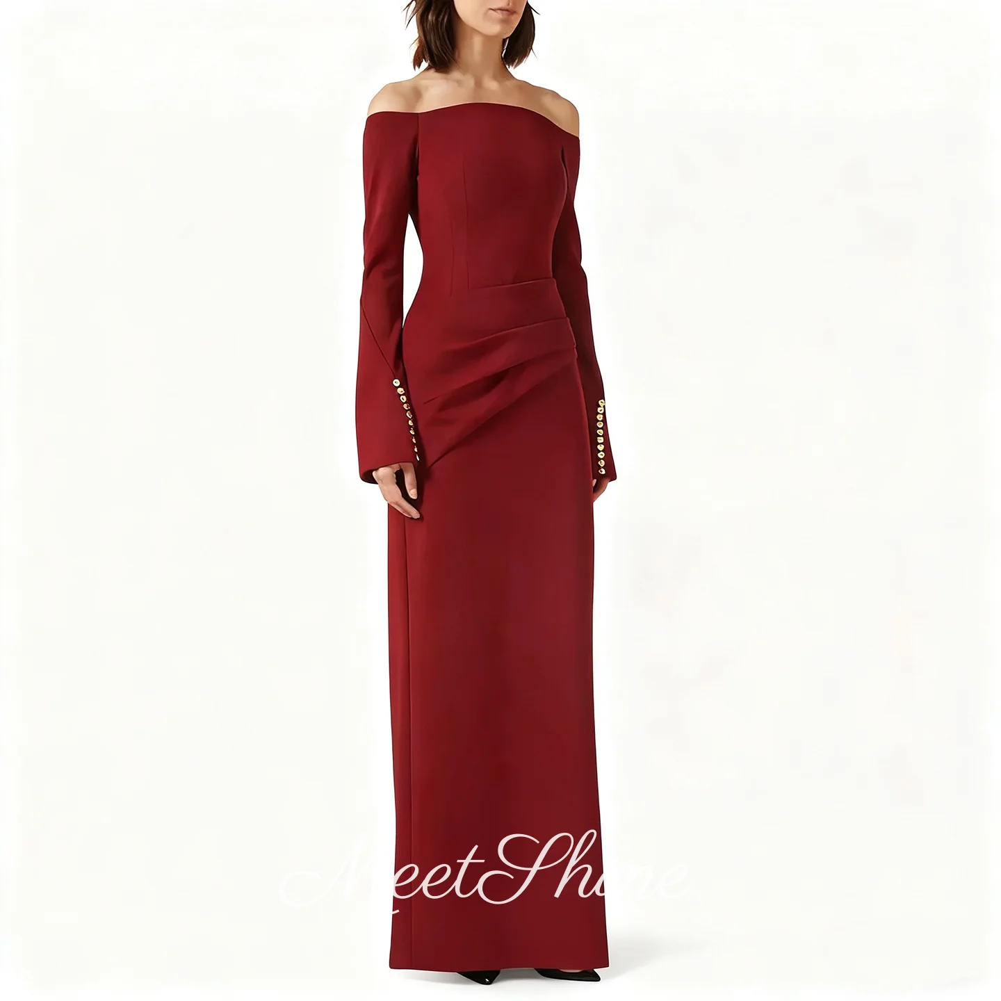 فستان دبي باللون العنابي بدون أكتاف من الساتان فساتين سهرة بأكمام طويلة وفتحة خلفية مستقيمة للحفلات الراقصة في المملكة العربية السعودية حسب الطلب