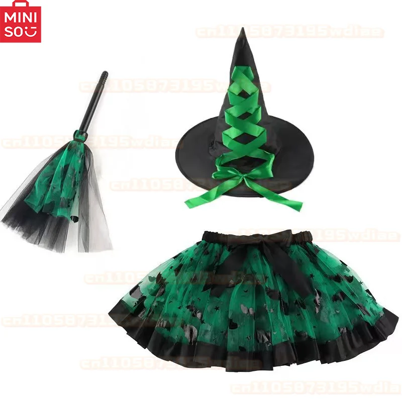 MINISO ハロウィン ガールズ 魔女 コスプレ衣装セット 3ピース バット パンプキン プリント チュチュドレス マッチングハット ほうき ネット ガーゼスカート 衣装