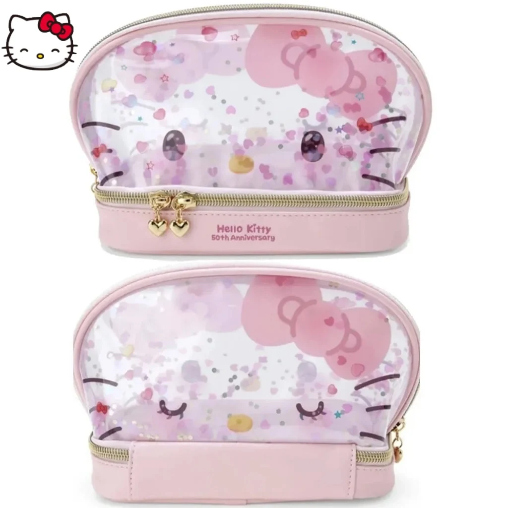 Sanrio Hello Kitty Pvc Makeup Bag Printed Double Layer Sequin Storage Beauty Tools Cute Transparent for Travel Cosmetic Bag Gift