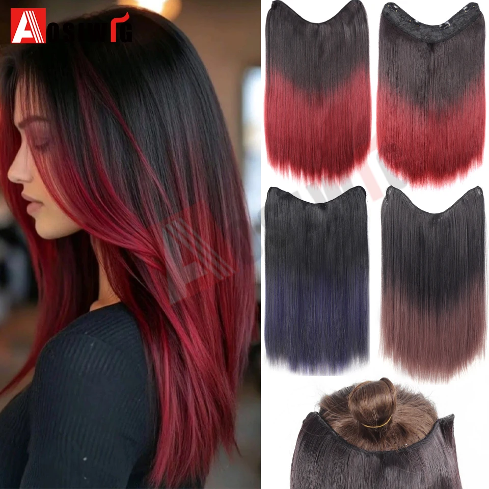 

AOSI Long Straight Ombre Hairpiece Clip In Hair Extension Synthetic Fake Hairpiece For Women V-Shaped Half Wig Black Red