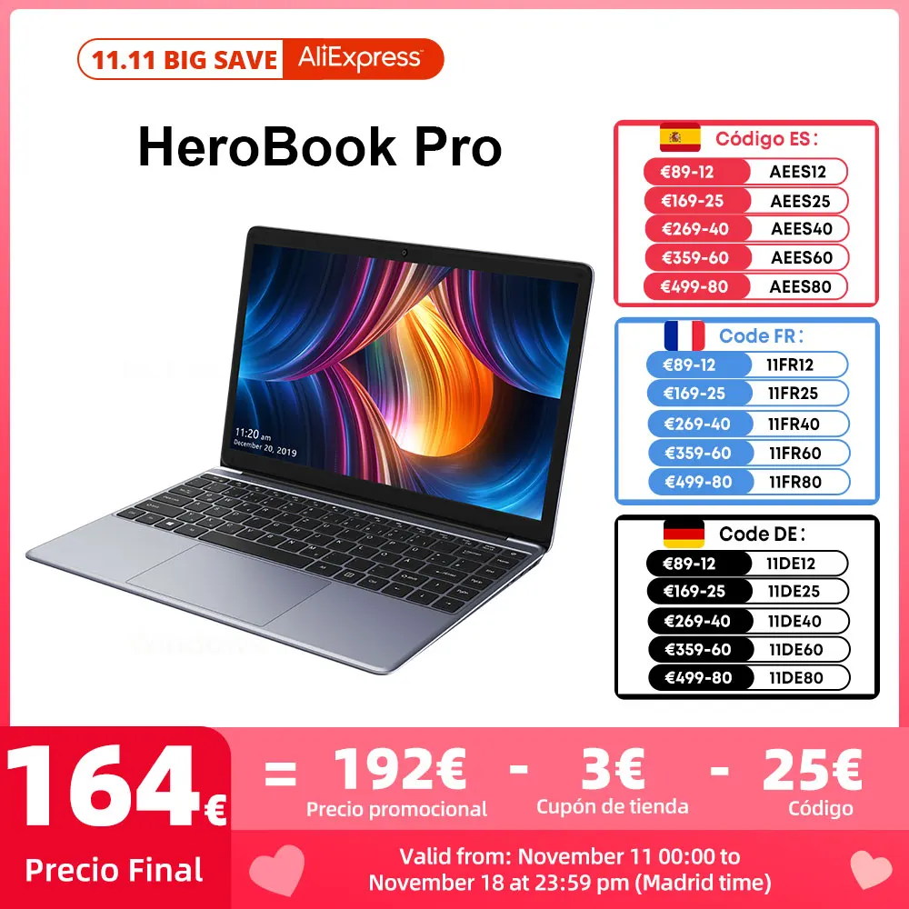 CHUWI 14.1 Inch HeroBook Pro FHD Screen Intel Celeron N4020 Dual Core UHD Graphics 600 GPU 8GB RAM 256GB SSD Windows 11 Laptop