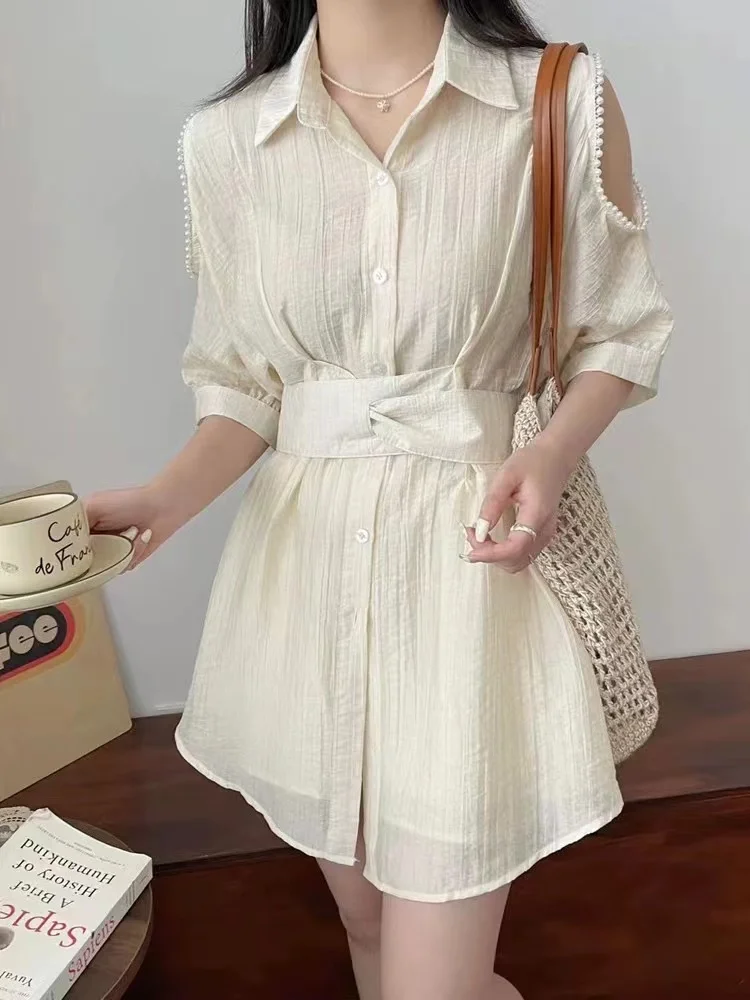 

Dress Sets Women Pearls Hollow Out Summer Sun-proof Breathable Cozy Temperament Design Solid Elegant Korean Fashion Streetwear