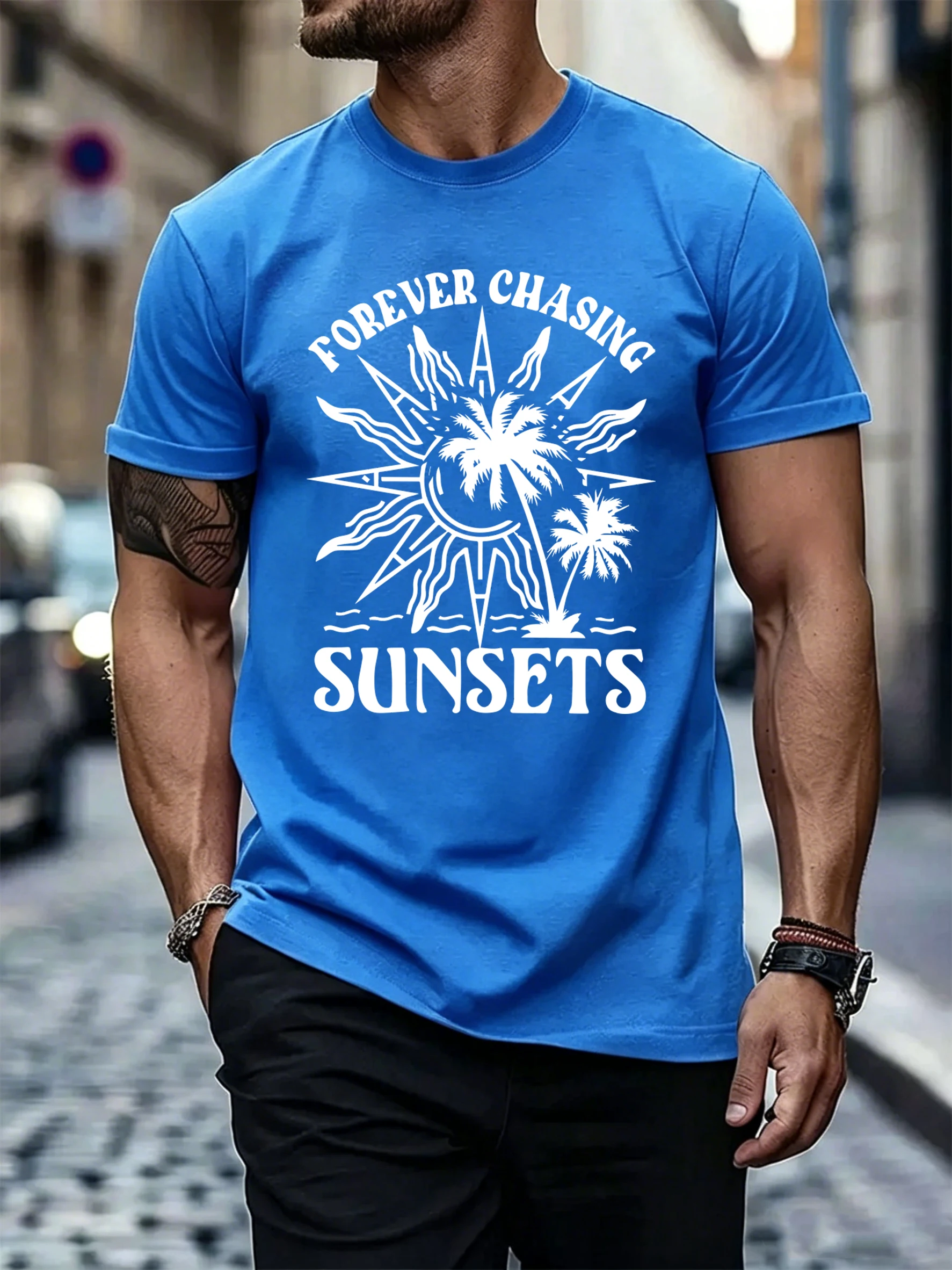 Camiseta de moda para hombre con diseño Forever Chasing Sunset, estilo hip hop, versátil, informal, de algodón, cuello redondo, holgada, estilo streetwear.