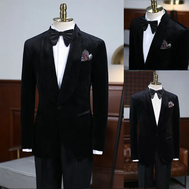 

Black Velvet Men Suit 2 Pieces Blazer Pants One Button Peaked Lapel Business Wedding Groom Work Wear Causal Party Tailored