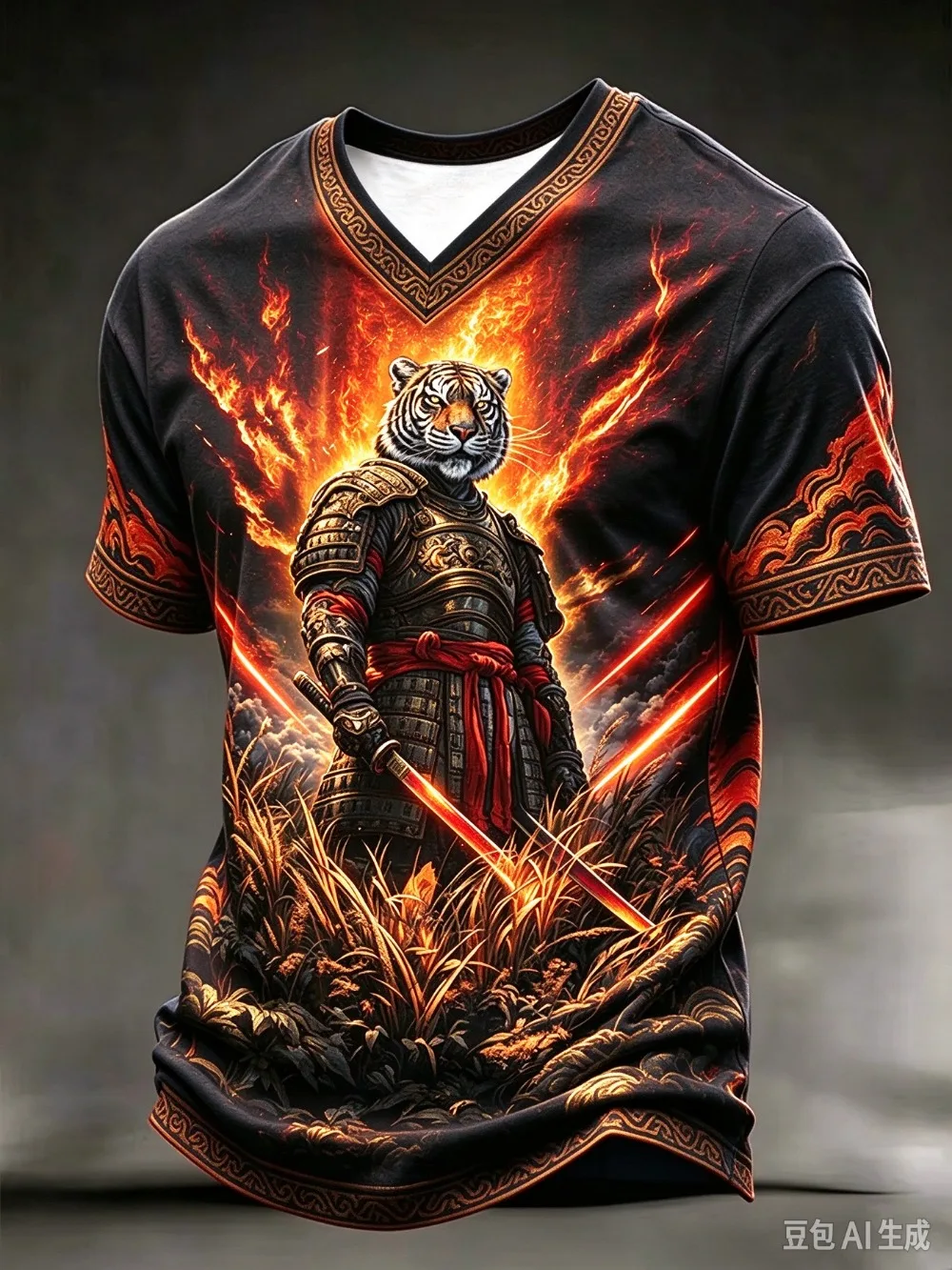 Japanese Tiger Warrior Katana 3D Print Men Sport V-neck T-shirt Outdoor Street Casual Fashion Quickdry Breath Parent-child Cloth