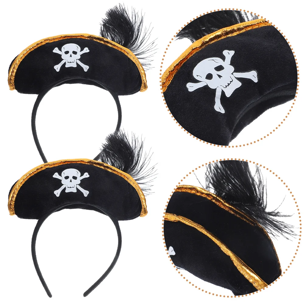 

2 Pcs Pirate Captain Costume Hat Skull Headband Halloween Costumes Headdress Black