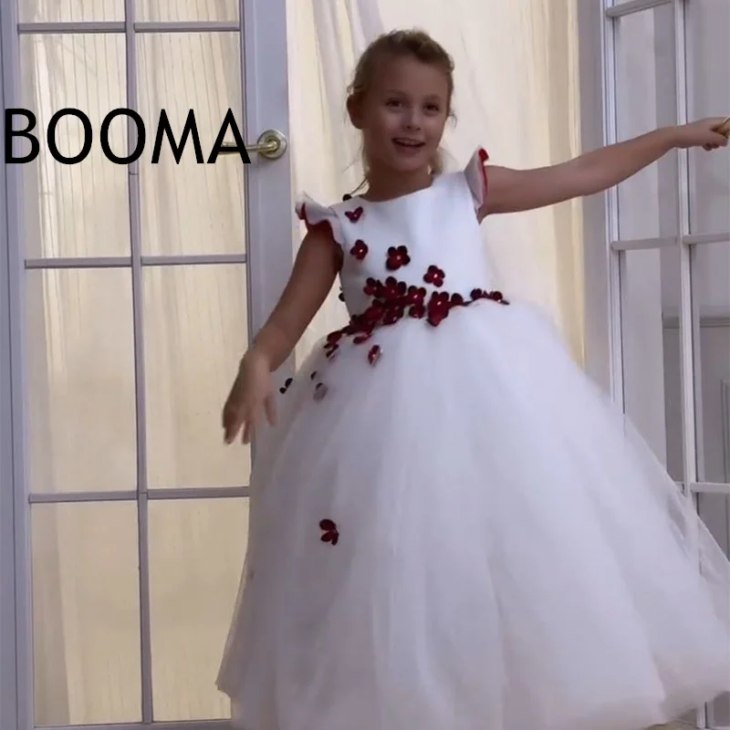 Booma A-Line Flowers Girl Dresses Wedding Party Dress for Kids 3D Flower Tulle Long Girls Prom Gowns Customized