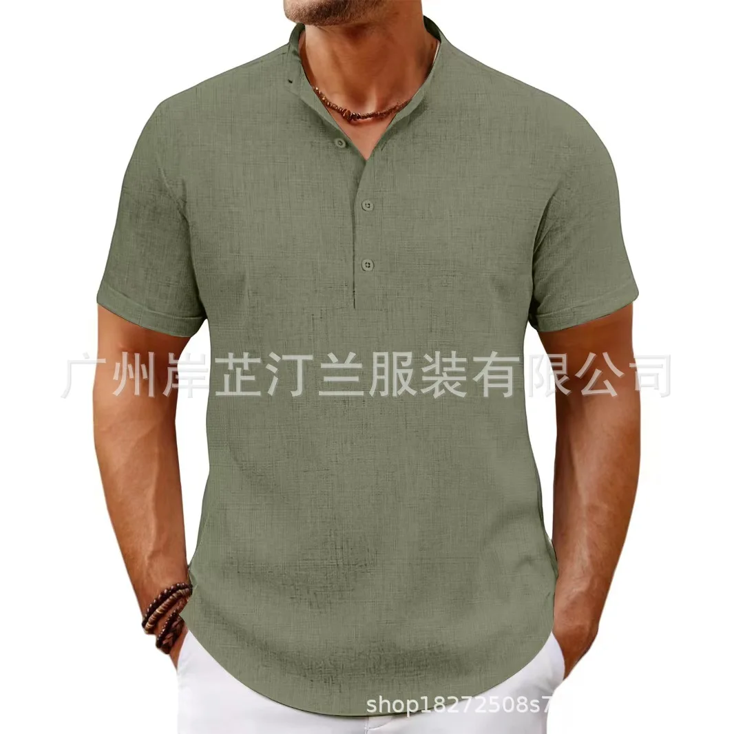 

Summer 2025 New Men's Short-sleeved Shirt Pullover Stand Collar Solid Color Top Fashion Office Casual Simple Versatile Blouses