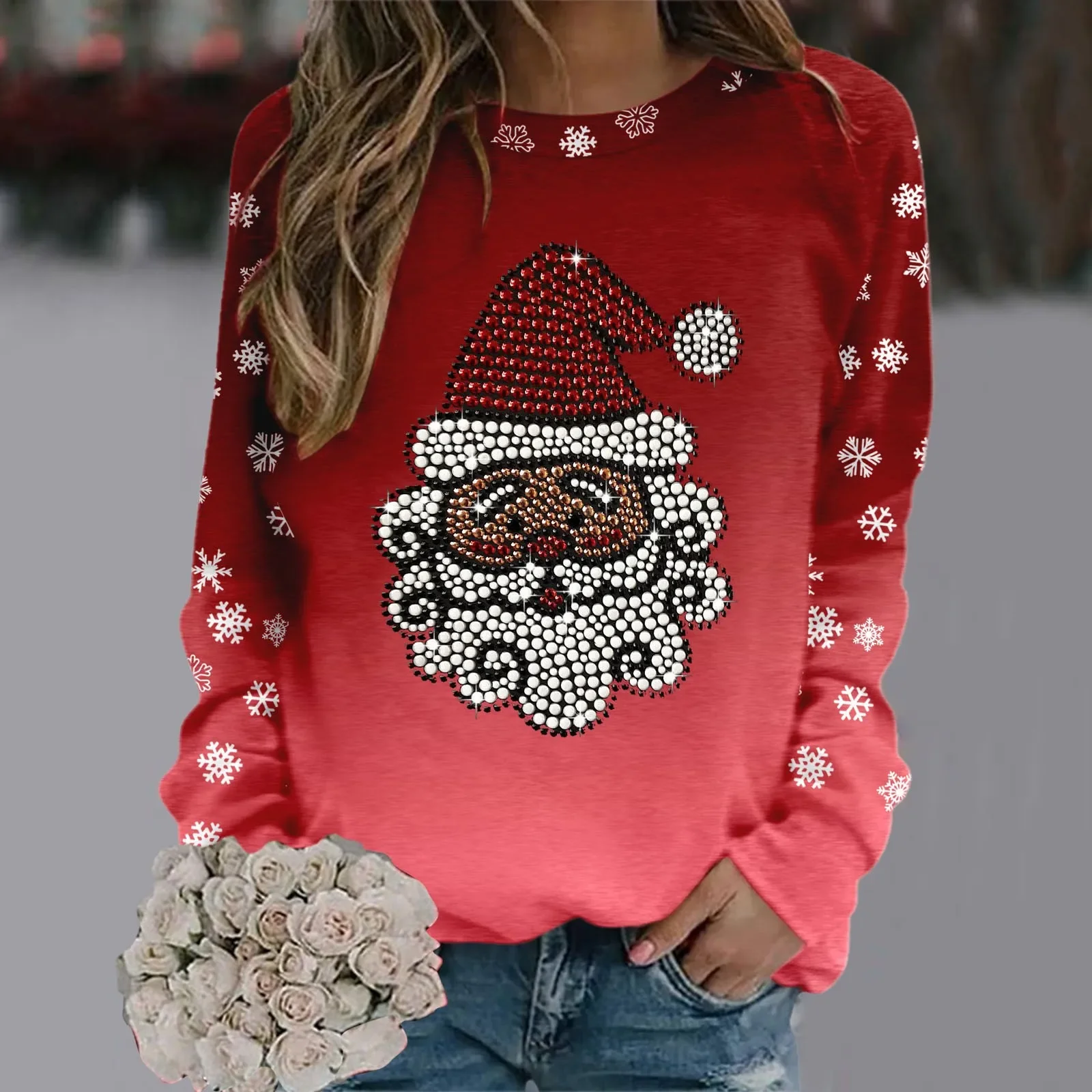 Rhinestone Santa Claus Women Christmas Clothes 2024 Spring Autumn y2k Casual Snowfalke Print Long Sleeve Round Neck Sweatshirts