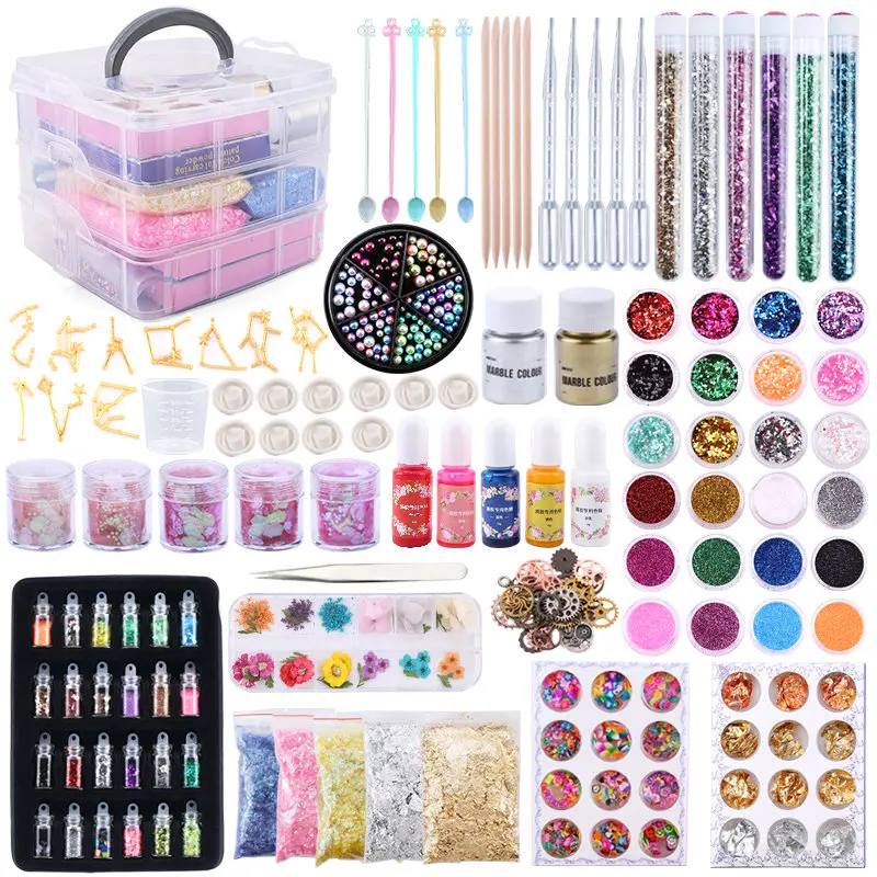 Epoxy Resin Accessories Kit With 3 Layers Box Filling Sequins Powder Metallic Foil Flakes Dried Flowers for DIY Jewelry Making