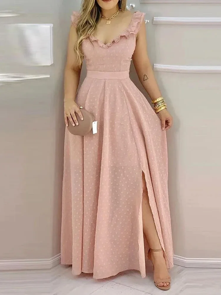 เดรสยาวสไตล์โบฮีเมียนปี 2025 สำหรับผู้หญิง คอระบาย ผ่าข้าง ลายจุดสวิส สีเหลือง