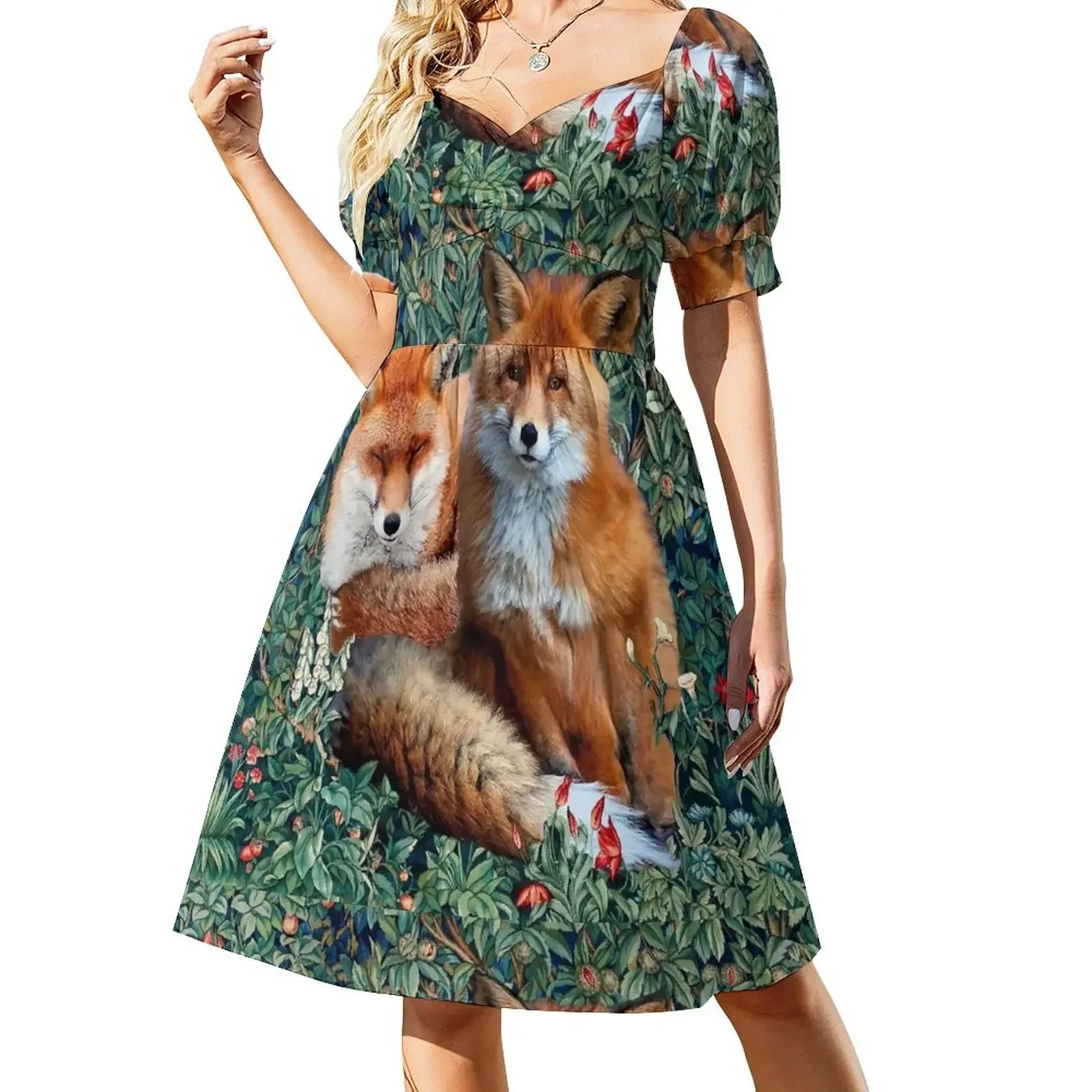 

RED FOXES AMONG GREENERY, FOLIAGE AND FLOWERS Sleeveless Dress Women's summer skirt Women's dress Dress