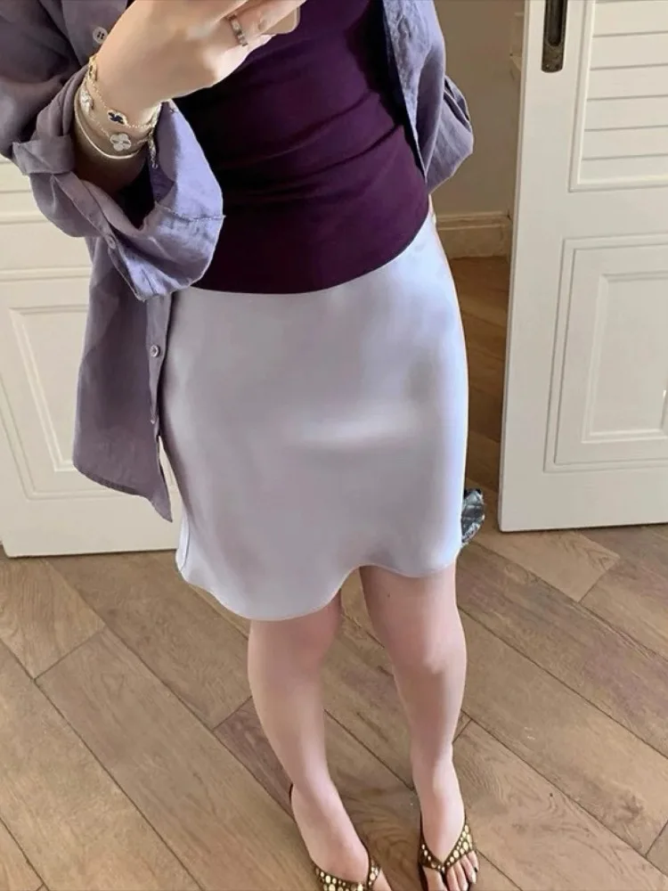 

Champagne Satin Elegant Women's A Line Skirt Black Slim Satin Mini Skirts Women Summer Solid Beige Silk High Waist Short Skirt