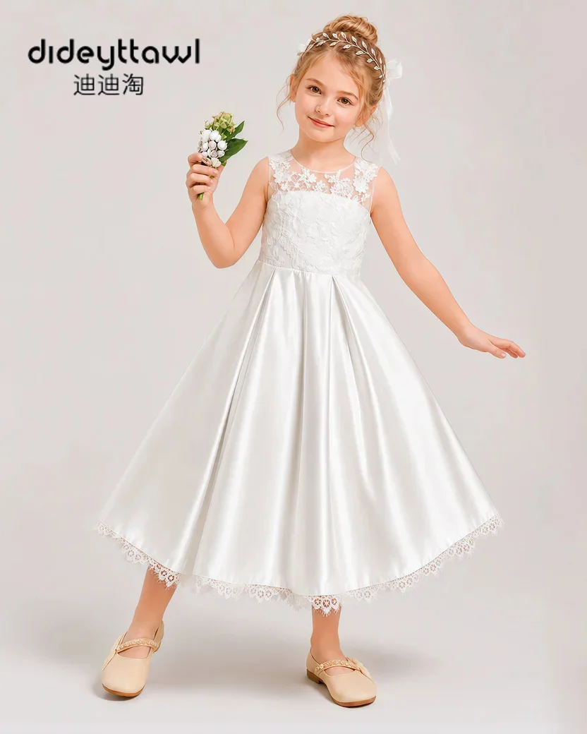 Sleeveless Lace Satin Flower Girl Dress Large Back Bow Multi Color Available Tea Length A Line Kids Formal Gown Wedding  Dress