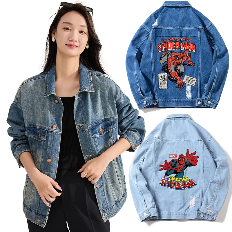 

Fashion Spiderman Print Denim Coat Youthful Woman Clothes Korean Stylish Hip Hop Top Trend Bomber Button Jacket Outerwears Yk2